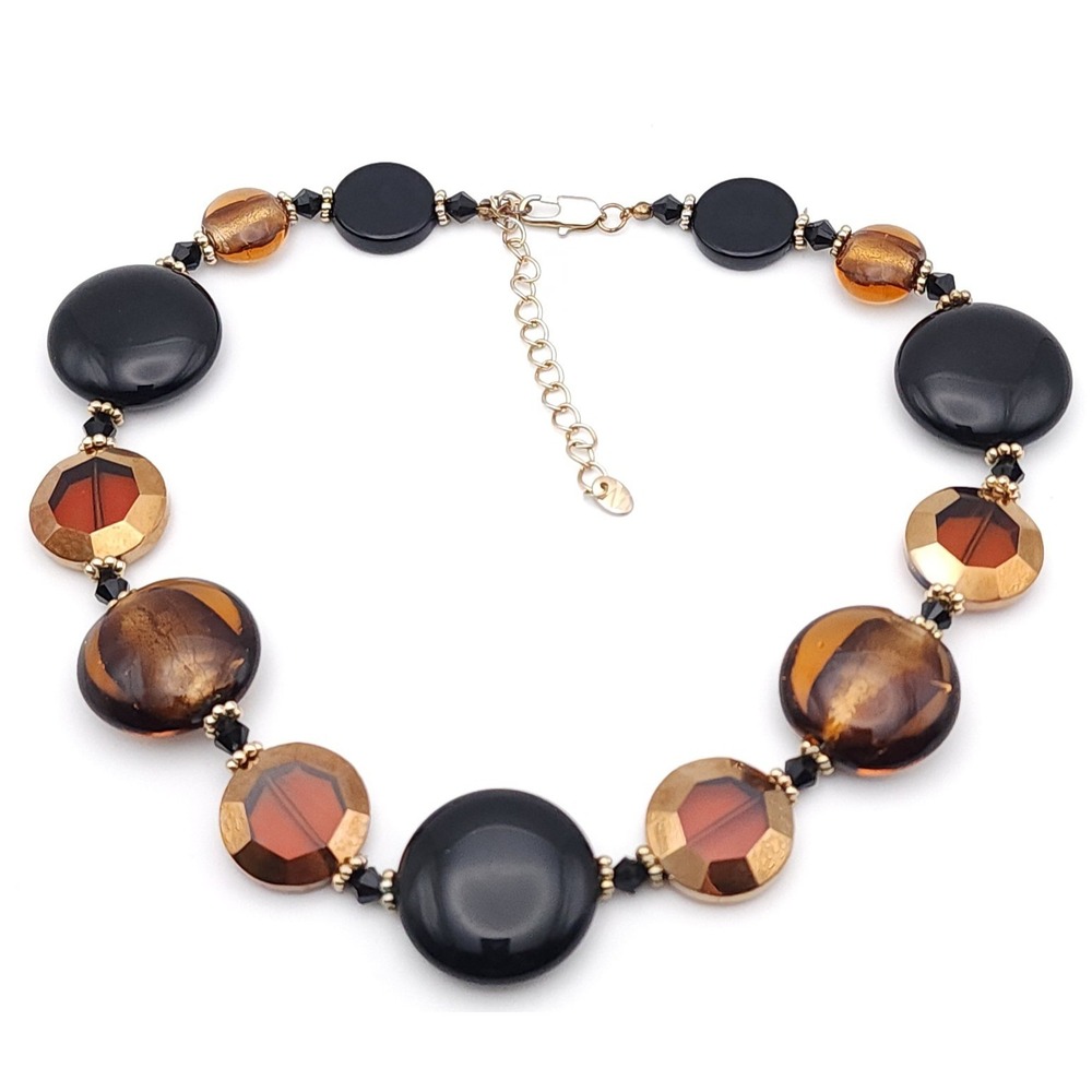 Vintage‎ Napier Black Amber Beaded Necklace Chunky Gold Tone - Picture 1 of 8